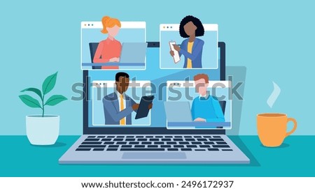 Video conference meeting. laptop screen with office team people on application windows having conversation. People work on laptops, tablets, taking notes. Flat design vector.