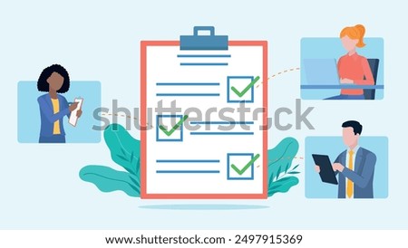 A checklist with well-marked answers. The checkers are accompanied by figures of employees. Two women and a man are working on a computer, taking notes. Flat design vector illustration.