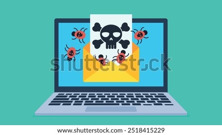 Graphic of an open email envelope on a laptop screen. A skull virus document and computer worms emerge from the envelope. Illustration of an email with a virus. Vector graphics in flat design style.