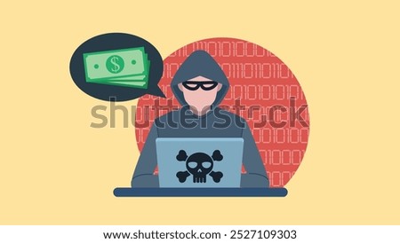 A hacker in a hood and mask, sitting at a laptop. The laptop has a skull on the cover. A black bubble of money is leaving the hacker. In the background, a red circle with code numbers. Flat vector.