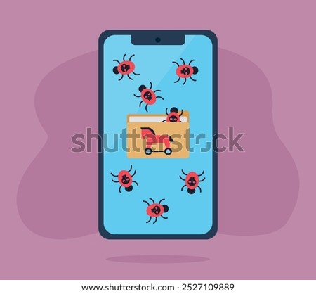 Phone with an open folder with a virus from which computer worms emerge and take over the device. Hacker takes over device using Trojan. Flat design vector illustration.