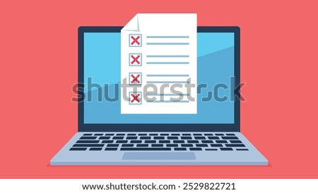 Vector illustration of a laptop with a document on the screen. The document contains a list of four items, each marked with a red 