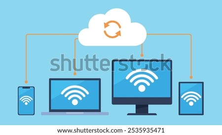 This vector graphic shows multiple devices, including a smartphone, laptop, desktop, and tablet, all connected to a cloud icon with synchronization arrows. Each device displays a Wi-Fi symbol.