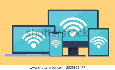 This vector graphic depicts multiple devices, including a laptop, desktop, tablet, and smartphone, all displaying a large Wi-Fi signal symbol on their screens.  The background is yellow.