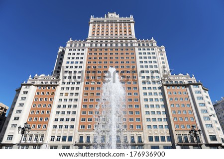 Wide angle view of the Edificio de Espana, a famous Art Deco skyscraper located in Plaza de Espana, Madrid.