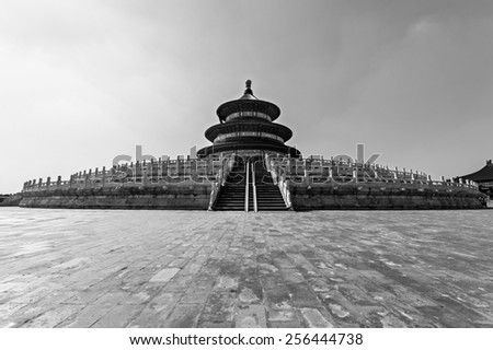 Wide-angle view of the Hall of Prayer for Good Harvests at the Temple of Heaven, Beijing, China.