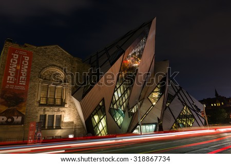 TORONTO - SEPTEMBER 8: Night wide-angle view of the North facade of the Royal Ontario Museum in Toronto, Canada, with Daniel Libeskind dramatic deconstructivist entrance, on September 8, 2015.