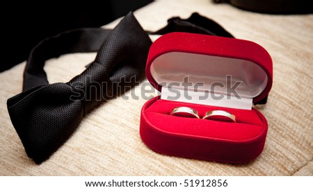 fiance\'s accessories: Red little box with wedding rings and tie-butterfly