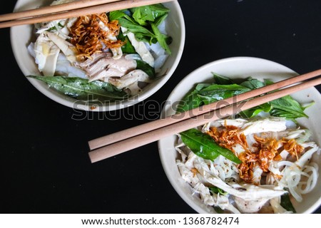 Similar – Image, Stock Photo Banh Uot Long Ga, unique vietnamese dry rice noodles (flat and wide like wet rice cake noodle) dish mixed with herbs and meat, a local delicacy of Da lat Vietnam