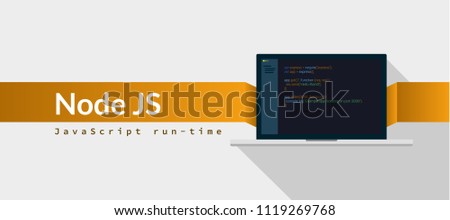 Node JS Javascript run-time programming language with script code on laptop screen, programming language code illustration