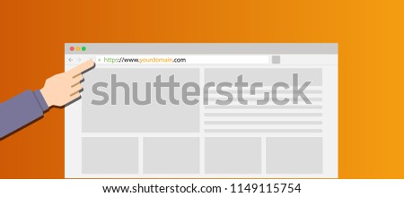 Get best domain name or website to grow your business, vector illustration brower with landing page website, hand and modern orange background