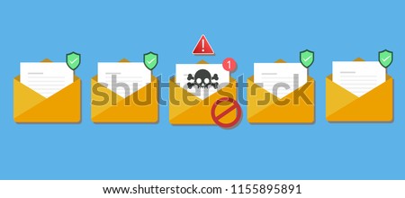 Email / envelope with black document and skull icon. Virus, malware, email fraud, e-mail spam, phishing scam, hacker attack concept. Trendy flat design graphic with long shadow. Vector illustration