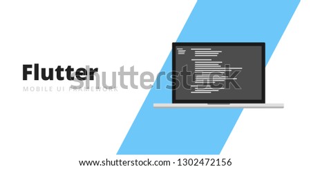 Learn to code Flutter Mobile UI Framework with script code on laptop screen, programming language code illustration - Vector