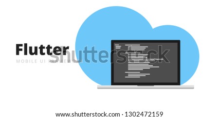 Learn to code Flutter Mobile UI Framework with script code on laptop screen, programming language code illustration - Vector