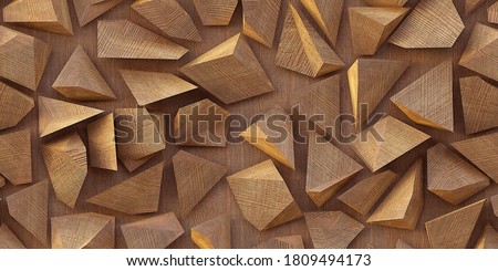 
3d illustration. Wooden triangles on a background of wood. Abstract low poly background. Polygonal shapes background, low poly triangles mosaic, geometric shape with wood texture. render