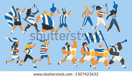 Vector illustration of a group of young and old men and women celebrating a sports team victory with flags, drinks and trumpets. Isolated and with editable colors