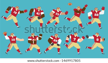 Vector illustration of a set of American football players running and playing in different positions wearing red jerseys and beige pants.  Editable vector illustration