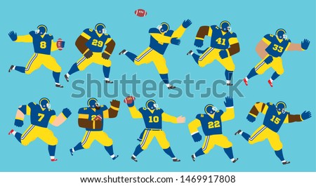 Vector illustration of a set of American football players running and playing in different positions wearing blue jerseys and yellow pants. Editable vector illustration