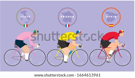 Three cyclists riding their bikes representing the three grand tours of road cycling: Tour de France, Giro d'Italia and Vuelta a Epaña. Maps and flags of the three countris on top of each rider. 