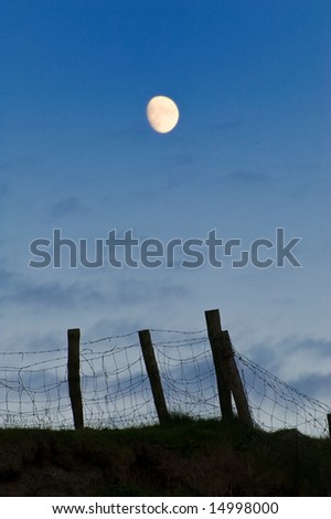 boundry fence posts and wire silhoutte in moonlight