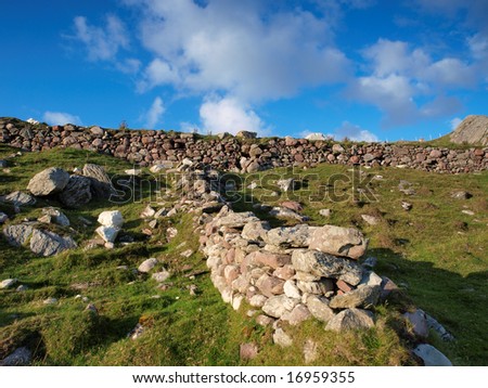 rugged farmland showing stone walls and rocky ground in West Of Ireland