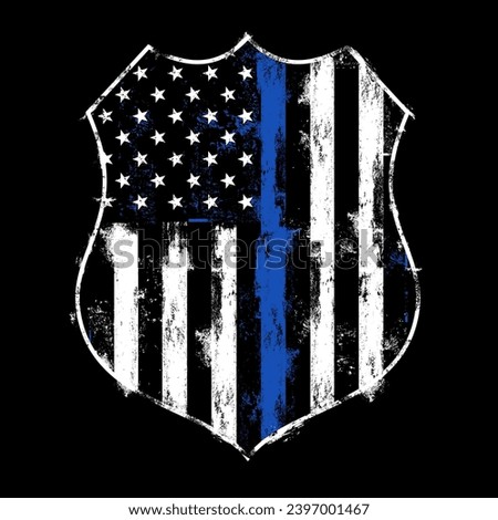Illustration US Police Flag on a badge with distressed effect, thin blue line flag, us flag, justice,