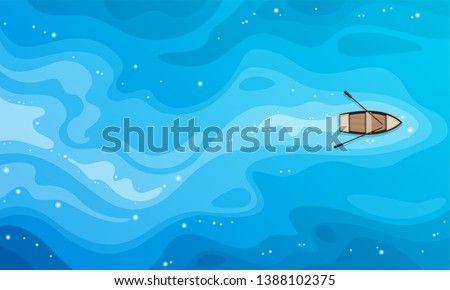 Tropical blue sea top view and a wooden boat vector background.