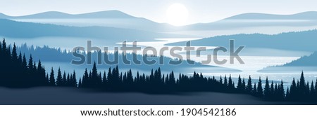 Vector illustration of mountain landscape. Forest and mountains in fog. 