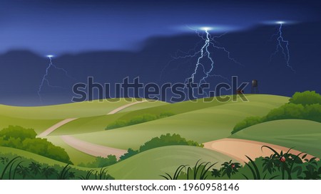Vector farm scene with country fields and stormy sky. Summer rural landscape with farm, water tower and country road passes through the fields.