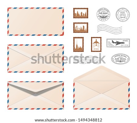 Air mail envelope.  Set various realistic envelopes with postmarks and postage stamps . Air mail,  express delivery. Vintage style.  Isolation. Vector illustration
