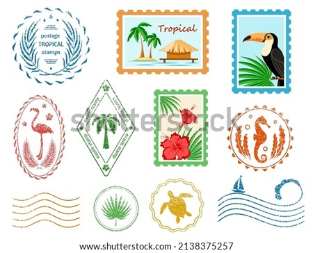 Postal stamps and postmarks. Set of various postmarks and postage stamps tropical palm, exotic birds and sea waves. Mail signs with texture. Vacation, travel, tourism, sea concept. Isolated. Vector 商業照片 © 