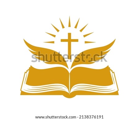 Church logo. Bible and wings symbol of the holy spirit. Flying  wings on the background of an open book. Shining cross. The Word of God that came to us through the Holy Scripture. Isolated. Vector