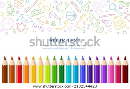 Back to school. School banner with colored pencils and study and education icons. Background template with space for your text. Vector illustration