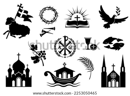 Religious Christian symbols and signs. Set of icons. Lamb is a symbol of Christ's sacrifice. Crown of thorns, Church, fish, dove with olive branch, open bible and ship. Isolated silhouette