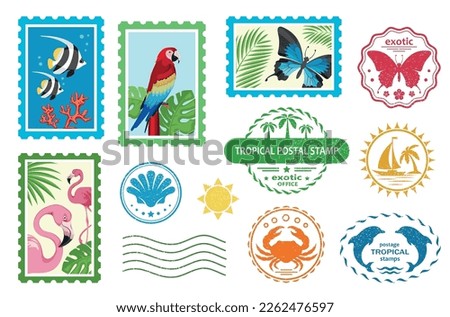 Postal stamps and postmarks. Set of various postmarks and postage stamps exotic birds, tropical palm and sea fish . Mail signs with texture. Vacation, travel, tourism, sea concept. Isolated. Vector