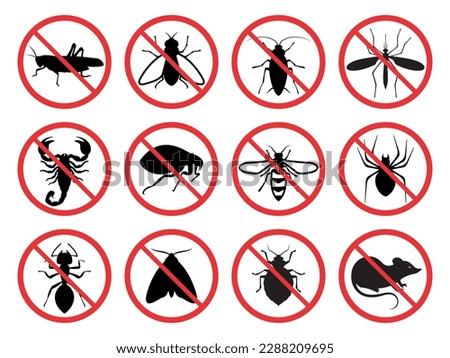 Pest control. Icon set. Insect repellent emblem. Isolated forbidding and warning signs of harmful insects and rodents. Vector illustration