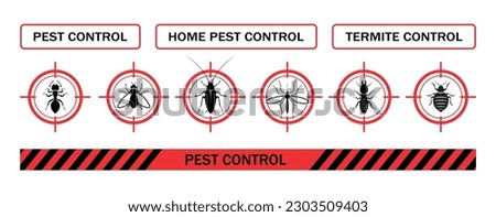 Pest control. Icon set. Insect repellent emblem. Isolated prohibition and warning signs about harmful insects, cockroaches, flies, ticks, termites. Pest and insect control in the home. Isolated