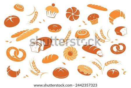 Bakery background. Seamless pattern with bakery products and pastries. Fresh and natural bread, rolls, baguettes, donuts, bagels and croissants. Bakery and shop banner background template. Isolated