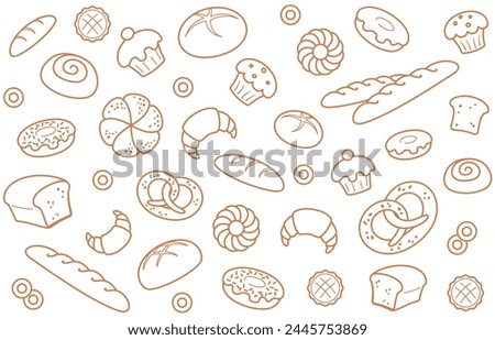 Bread and pastries background. Seamless pattern with hand drawn bakery products. Design web site, packing, textile, fabric. Isolated on white background. Vector illustration