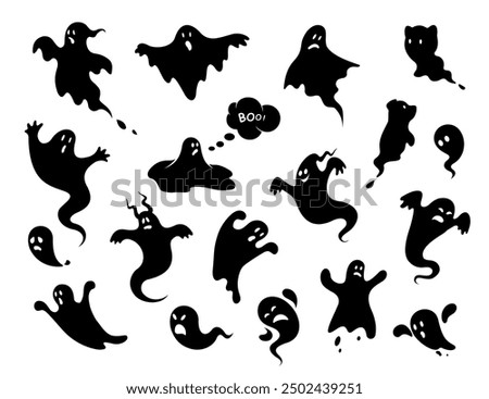 Halloween. Ghosts icon set. Collection of various scary and funny ghosts and animal ghosts. Magic symbols for parties, celebrations, templates and decorations. Isolated silhouette. Vector