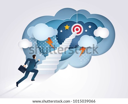 Businessman running up stairway to the target, Challenge, Trouble, obstacles, Path to the goal, Business concept growth to success, Creative ideas, Reach the target, Paper art vector and illustration
