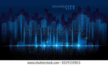Abstract Futuristic City vector, Digital Cityscape background. transparent city landscape, Dots Building in the night City, sci-fi, skyline Perspective, Architecture vector