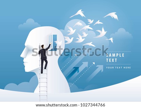 Businessman Climbing Ladder to open the door, Human head with birds flying from head, freedom and relax mind, Creative ideas, emotions or psychology concept, Think outside the box Vector illustration.