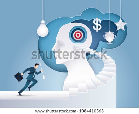 Businessman hold arrow Running up stairway to the target on Human Head, Goal as Think, Business concept growth to success, Reach the target, Positioning strategy in consumer customer, Paper art vector 商業照片 © 