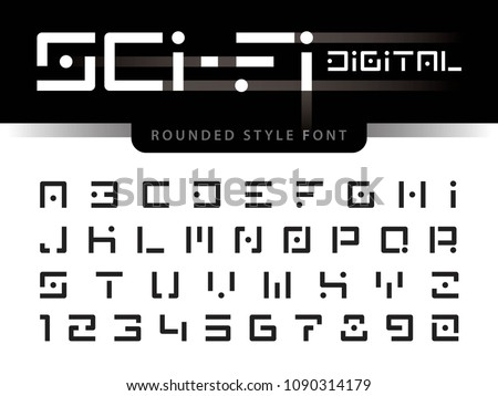 Vector of Futuristic Alphabet Letters and numbers, One linear stylized rounded fonts, Digital Techno. Square Minimal Letters set for sci-fi, Technology, Future, Geometric, military.