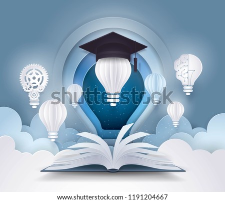 Open book with Light bulb and graduation cap, diploma, success, study, Evolution, College, Learning, University Education concepts, Light bulb and Sky Cloud Background,Creative ideas,Paper art vector