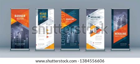 Business Roll Up Set. Standee Design. Banner Template, Abstract Red Geometric Triangle Background vector, flyer, presentation, leaflet, j-flag, x-stand, x-banner, exhibition display