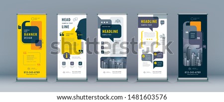 Business Roll Up Set. Standee Design. Banner Template, Abstract Yellow and Black Speech Bubbles vector, flyer, presentation, leaflet, j-flag, x-stand, exhibition display, social networks, talk bubble
