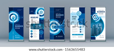 Business Roll Up Set. Standee Design. Banner Template, Abstract Blue Arrow and Target, presentation, j-flag, x-stand, exhibition display, Path to the goal, Concept growth to success, Reach the target