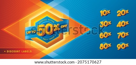 Sale and discount labels, Abstract Blue Hexagon offer Sale Discount labels set design, Discount tags collection with percent set, 10, 20, 30, 40, 50%, 60%, 70, 80%, 90 percent sale promotion tag.